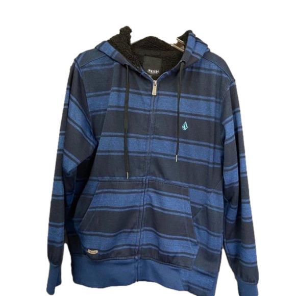 𝅺VOLCOM Hooded Fleece Lined Zipper Jacket Black Navy Stripe, Men's S - Picture 1 of 7